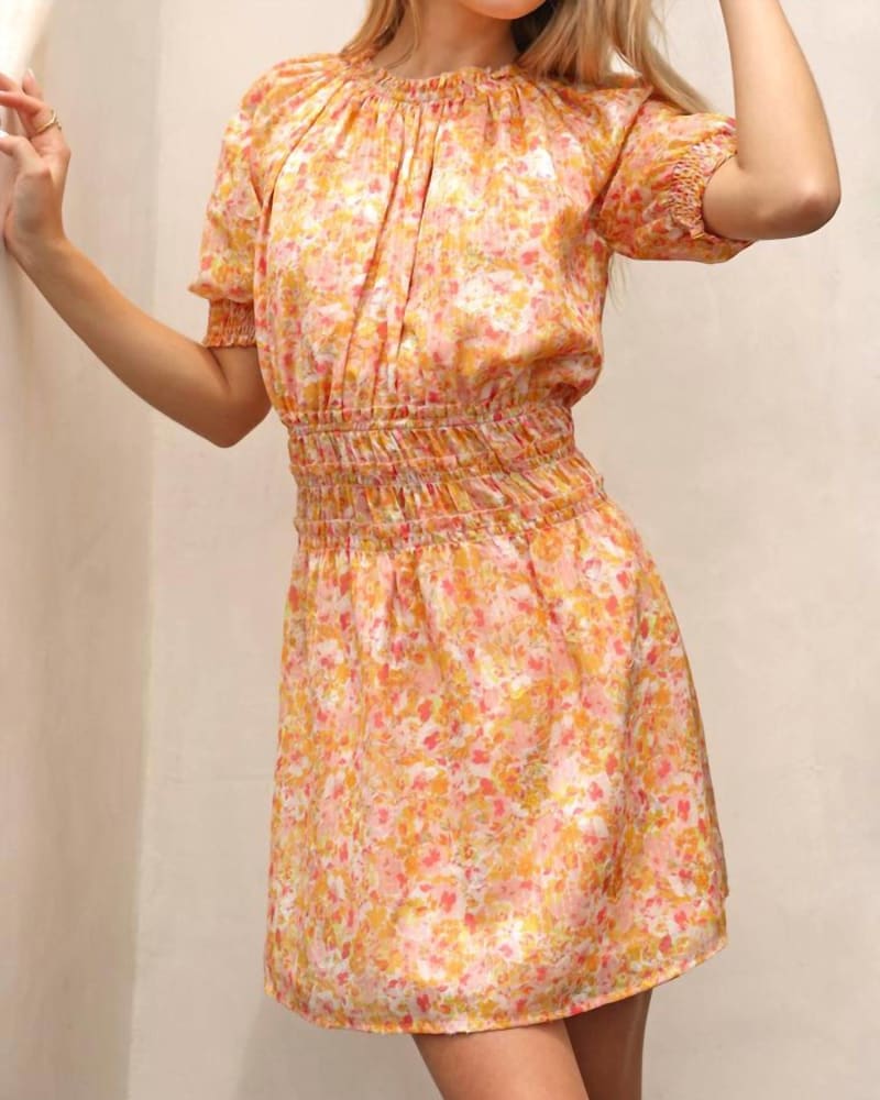 Front of a model wearing a size Large Frida Smocked Waist Dress In Mango in Mango by GREYLIN. | dia_product_style_image_id:342217